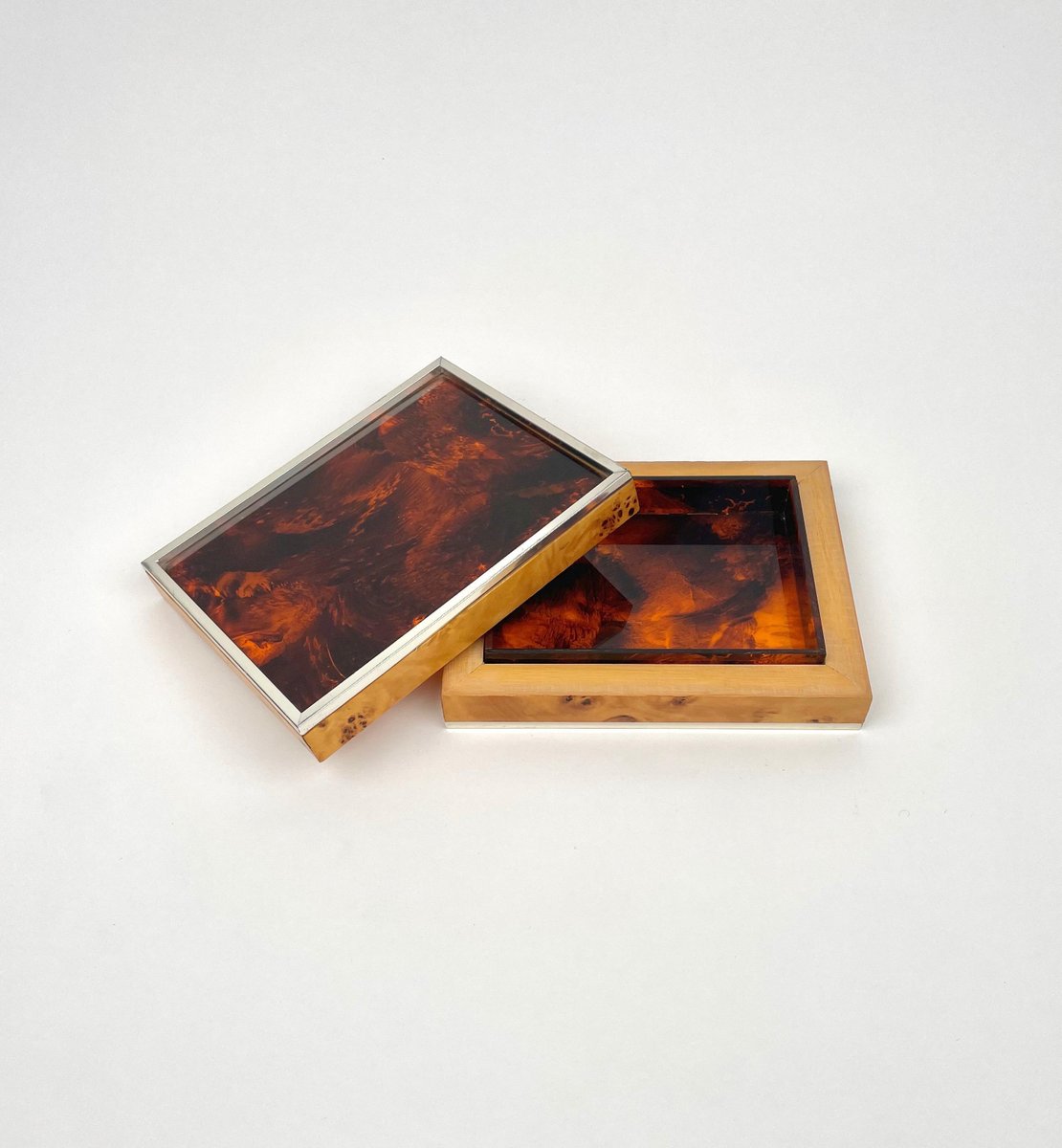 Burl Wood & Tortoiseshell Effect Acrylic Box, Italy, 1970s