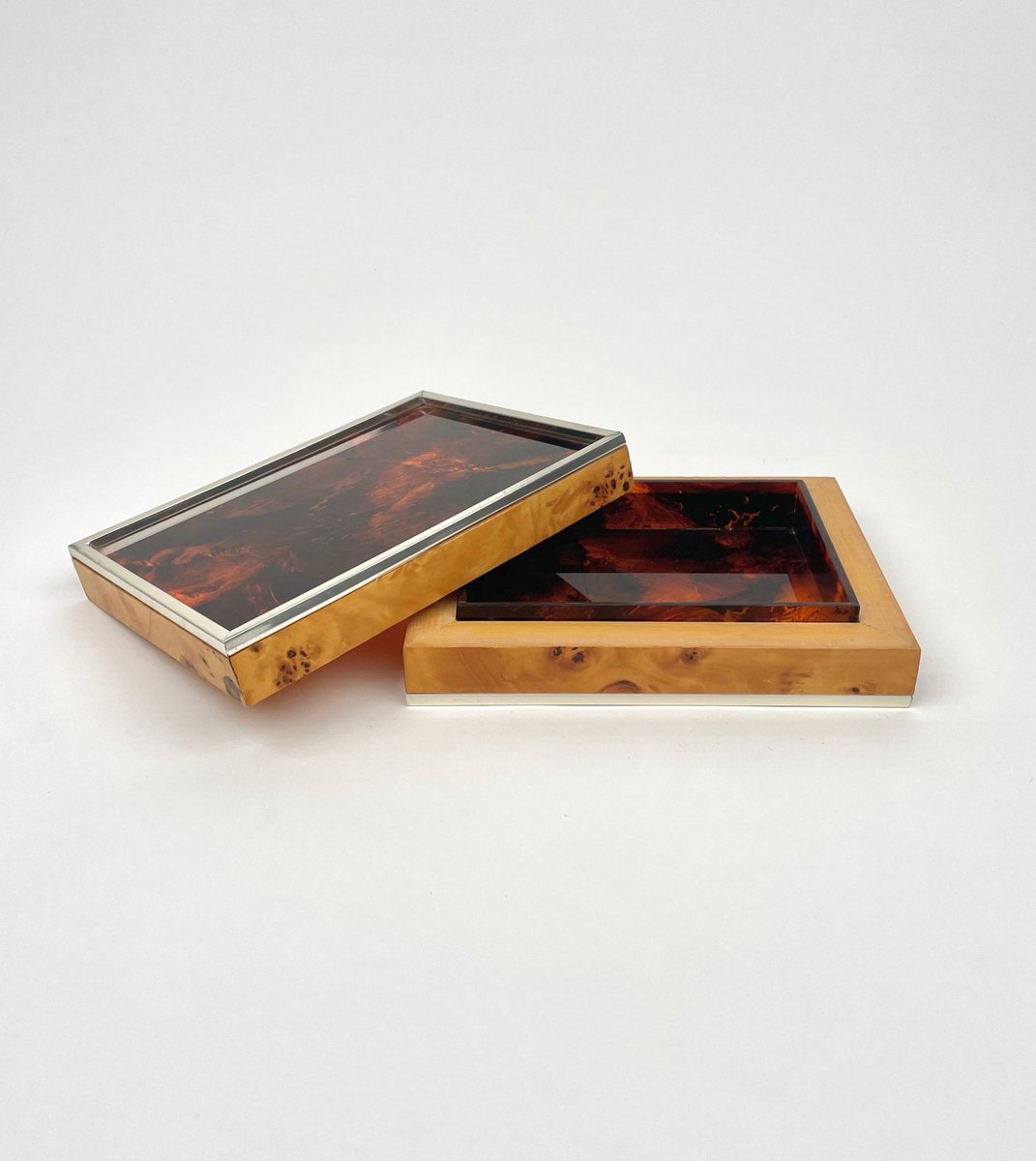 Burl Wood & Tortoiseshell Effect Acrylic Box, Italy, 1970s