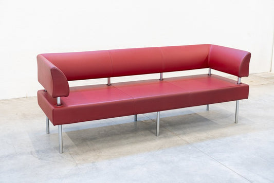 Business Class 3-Seater Sofa in Red Leather with Chromed Iron Feet, 1990s