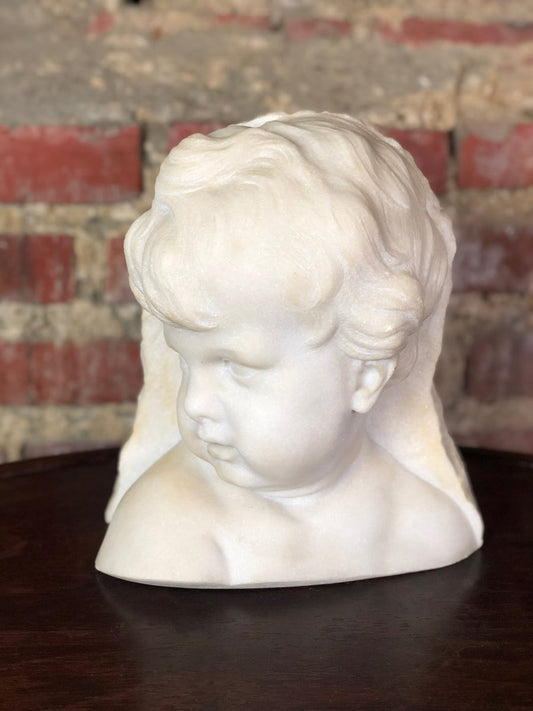 Bust of Putto or Little Girl in White Carrara Marble, 1940s