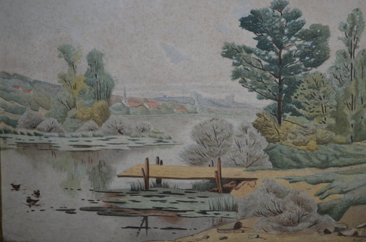 C. Chouet, The Pond and the Ducks, Watercolor, 1890s, Framed