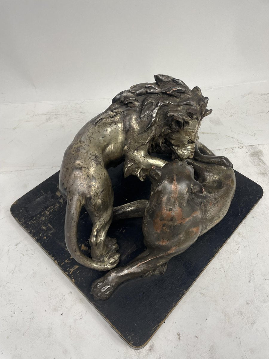 C. Ganci, Fight Between Lion and Tiger, 1920s, Silver Sculpture