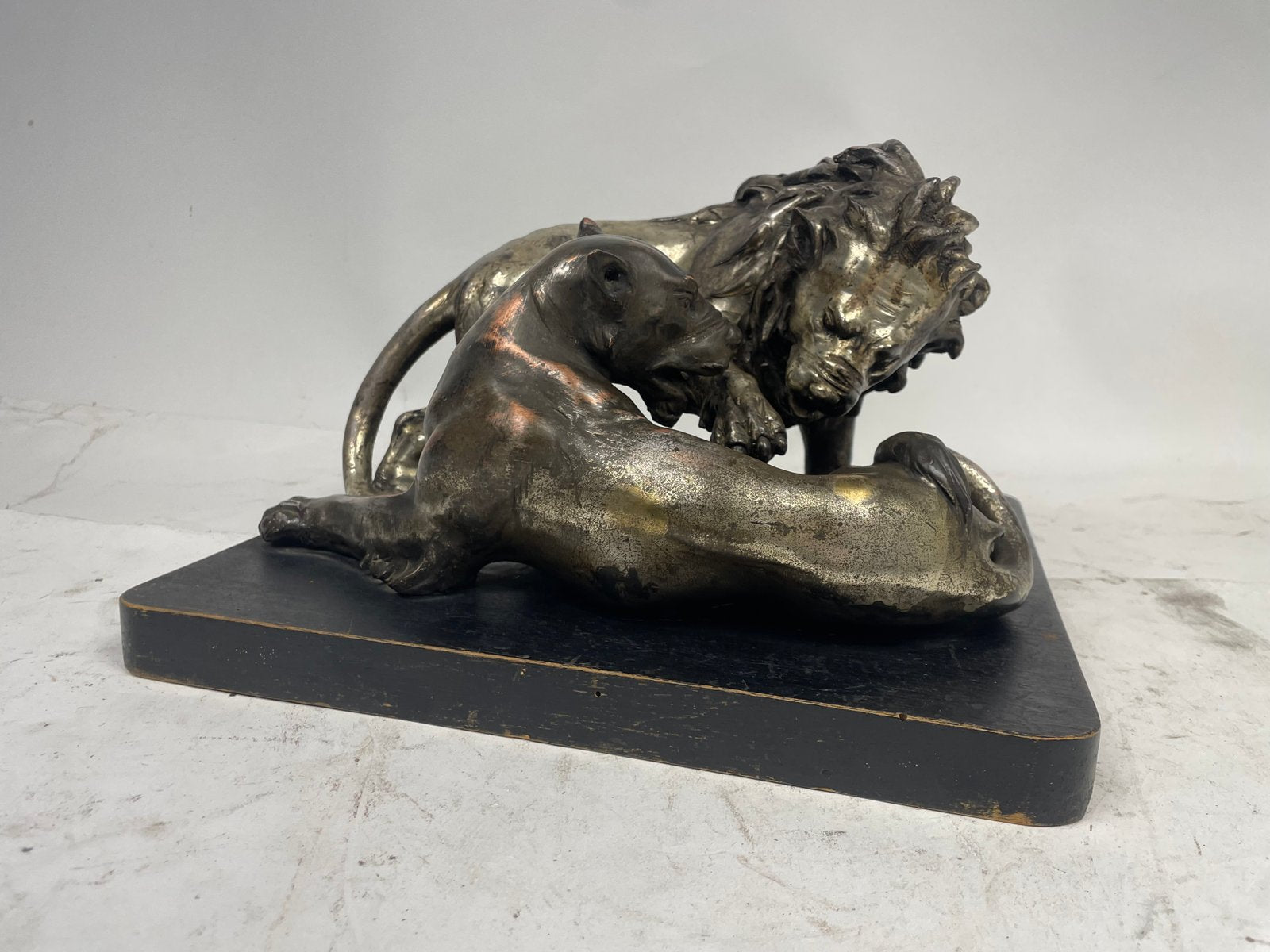 C. Ganci, Fight Between Lion and Tiger, 1920s, Silver Sculpture