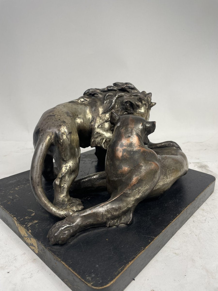 C. Ganci, Fight Between Lion and Tiger, 1920s, Silver Sculpture