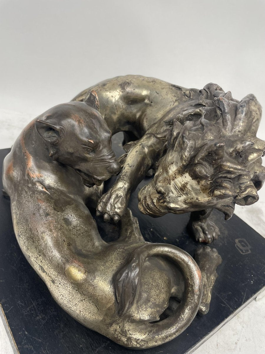 C. Ganci, Fight Between Lion and Tiger, 1920s, Silver Sculpture