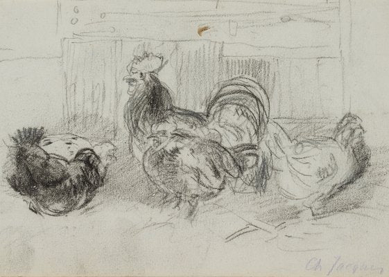 C. Jacque, Study from the Chicken Yard, 19th-Century, Charcoal-OJR-1273443