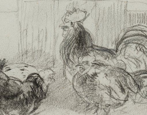 C. Jacque, Study from the Chicken Yard, 19th-Century, Charcoal-OJR-1273443