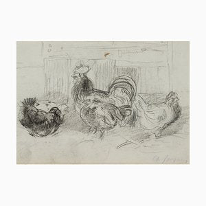 C. Jacque, Study from the Chicken Yard, 19th-Century, Charcoal-OJR-1273443