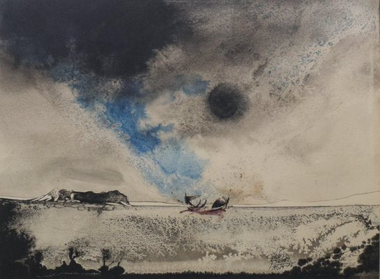 C. Perez, Boat on a Moonlit Seascape, Watercolor on Paper, Framed-AOI-1106625