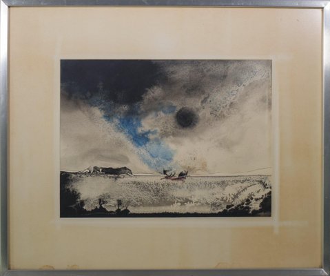 C. Perez, Boat on a Moonlit Seascape, Watercolor on Paper, Framed-AOI-1106625