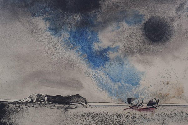 C. Perez, Boat on a Moonlit Seascape, Watercolor on Paper, Framed-AOI-1106625