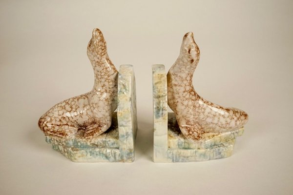 Cabana Style Ceramic Bookends with Seals, 1930s, Set of 2-BAF-763484