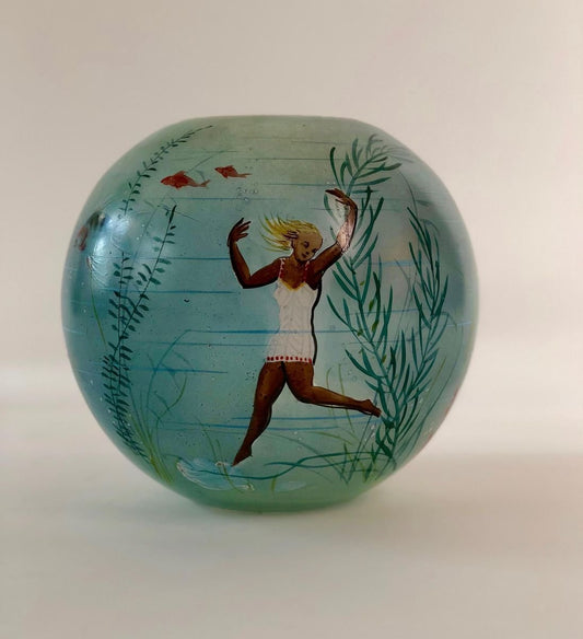 Cabana Style Glass Vase with Hand-Painted Swimming Girls and Corals, 1950s