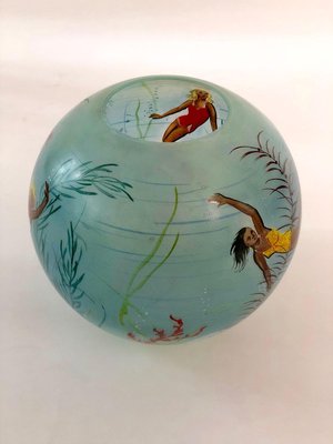 Cabana Style Glass Vase with Hand-Painted Swimming Girls and Corals, 1950s-BAF-763506