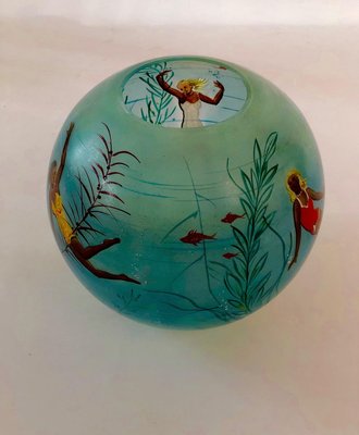 Cabana Style Glass Vase with Hand-Painted Swimming Girls and Corals, 1950s-BAF-763506