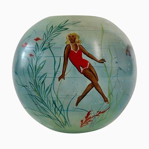 Cabana Style Glass Vase with Hand-Painted Swimming Girls and Corals, 1950s-BAF-763506