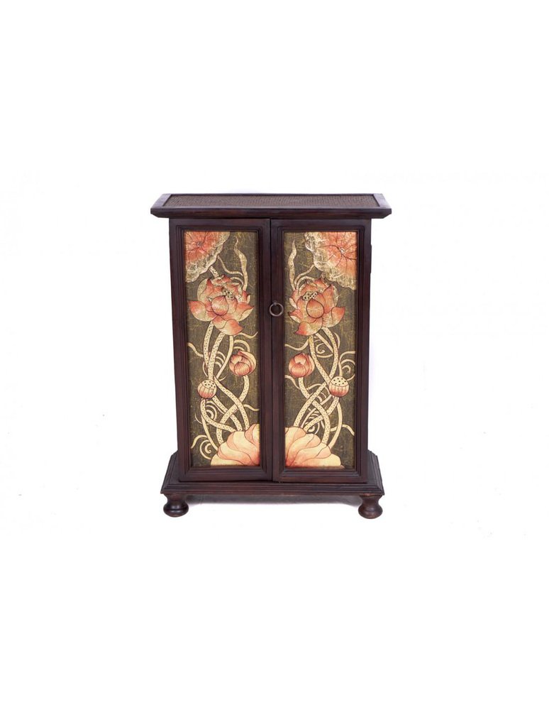 Cabinet in Acacia & Rattan Wood with Painted Decorations