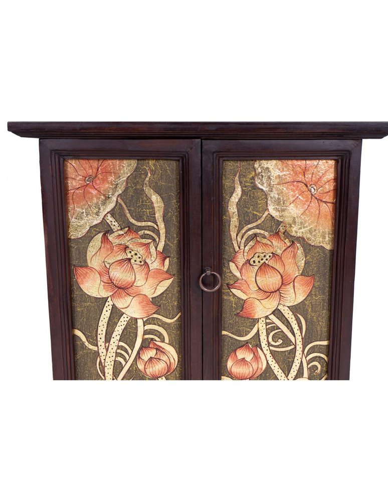 Cabinet in Acacia & Rattan Wood with Painted Decorations