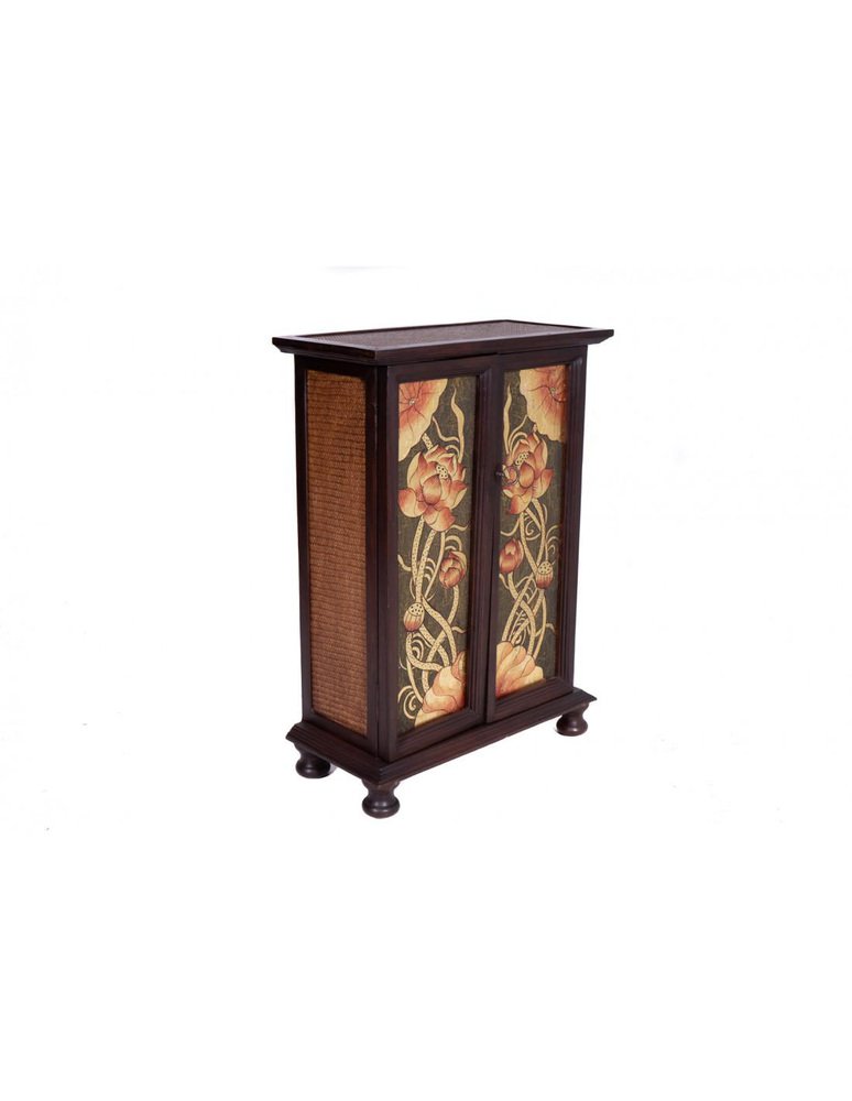 Cabinet in Acacia & Rattan Wood with Painted Decorations