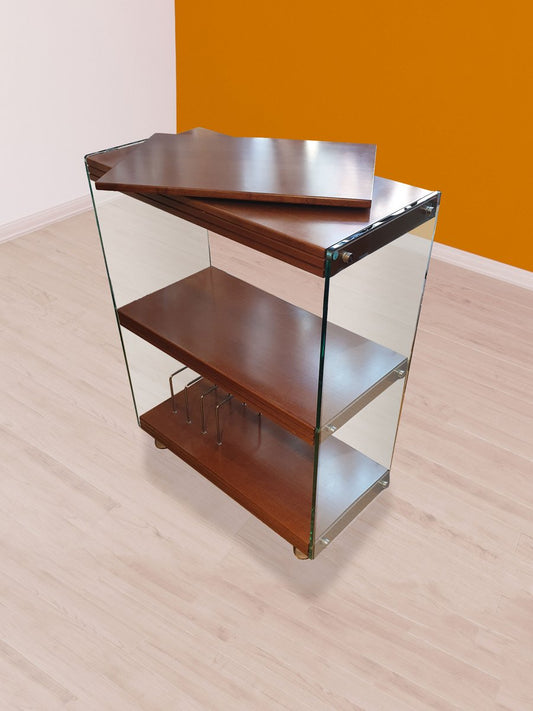 Cabinet with Wheels & Shelves in Walnut & Glass by Pierangelo Gallotti for Gallotti & Radice