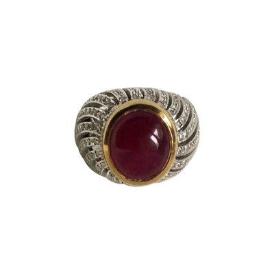 Cabochon Ruby and Diamonds 18 Karat Yellow and White Gold Ring-GNH-987668