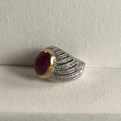 Cabochon Ruby and Diamonds 18 Karat Yellow and White Gold Ring-GNH-987668