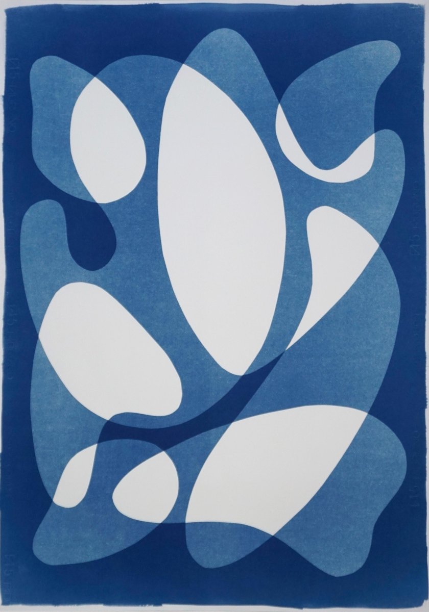 Calder Mobile Shapes, 2019, Modern Mid-Century Print on Paper, Blues, Neutral Tones