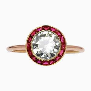 Calibrated Red Gems Diamonds 18 Karat Yellow Gold Round Ring, 1920s-OLU-2042370