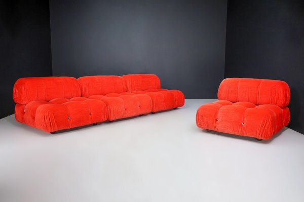 Camaleonda Modular Sofas in Red Velvet attributed to Mario Bellini for B&B Italia / C&B Italia, 1973, Set of 4-TRW-1797121