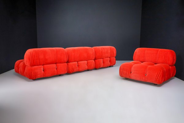 Camaleonda Modular Sofas in Red Velvet attributed to Mario Bellini for B&B Italia / C&B Italia, 1973, Set of 4-TRW-1797121