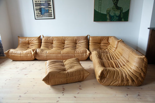 Camel Brown Leather Togo Living Room Set by Michel Ducaroy for Ligne Roset, Set of 5