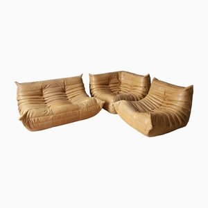 Camel Brown Leather Togo Lounge Chair, Corner and 2-Seat Sofa by Michel Ducaroy for Ligne Roset, Set of 3-IXA-1408417