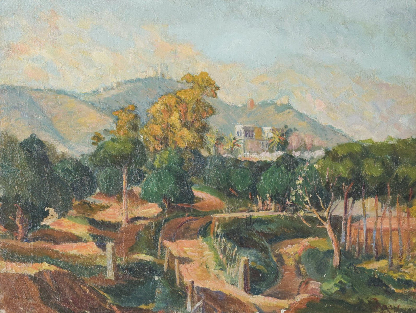 Camois, Impressionist Mediterranean Landscape with View of River and Mountains, 1945, Oil on Canvas, Framed