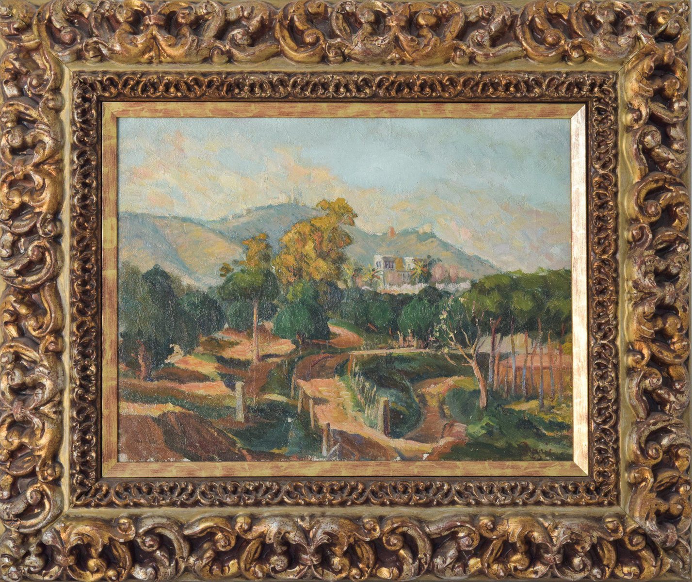 Camois, Impressionist Mediterranean Landscape with View of River and Mountains, 1945, Oil on Canvas, Framed