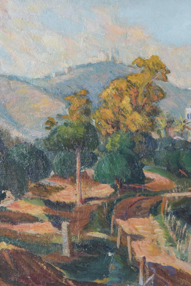 Camois, Impressionist Mediterranean Landscape with View of River and Mountains, 1945, Oil on Canvas, Framed