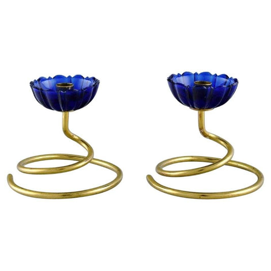 Candleholders in Brass and Blue Art Glass by Gunnar Ander for Ystad Metall, 1950s, Set of 2