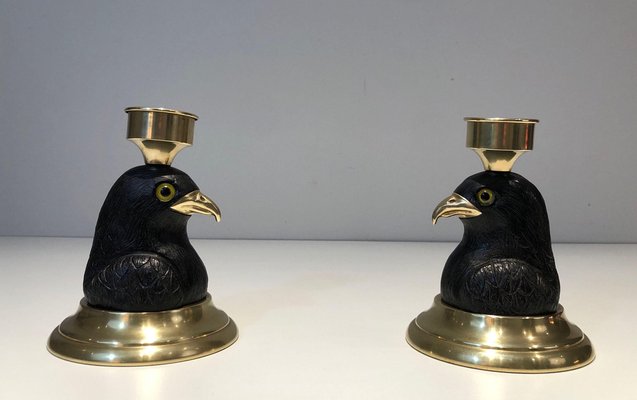 Candlesticks Representing Carved Wooden Eagles with Brass Spikes and Glass Eyes from Houy Pouiga, 1970s, Set of 2-BA-1694749