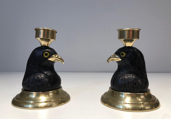 Candlesticks Representing Carved Wooden Eagles with Brass Spikes and Glass Eyes from Houy Pouiga, 1970s, Set of 2-BA-1694749