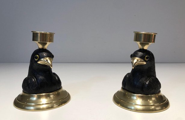 Candlesticks Representing Carved Wooden Eagles with Brass Spikes and Glass Eyes from Houy Pouiga, 1970s, Set of 2-BA-1694749