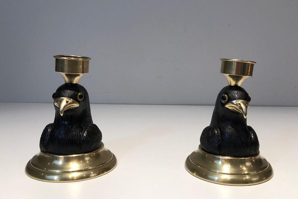 Candlesticks Representing Carved Wooden Eagles with Brass Spikes and Glass Eyes from Houy Pouiga, 1970s, Set of 2-BA-1694749