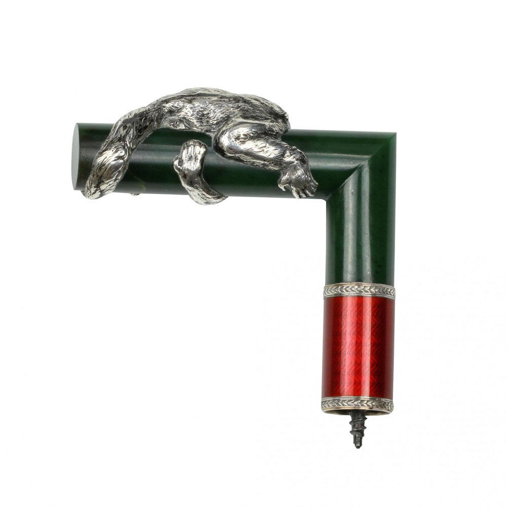 Cane Handle in Silver, Guilloche Enamel and Jade by Julius Rappaport.