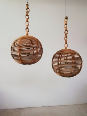 Cane & Rattan Globe Pendant Lights, 1970s, Set of 2-UIW-1317644