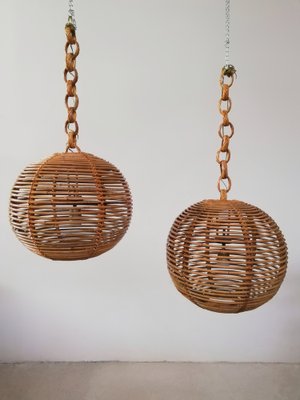 Cane & Rattan Globe Pendant Lights, 1970s, Set of 2-UIW-1317644