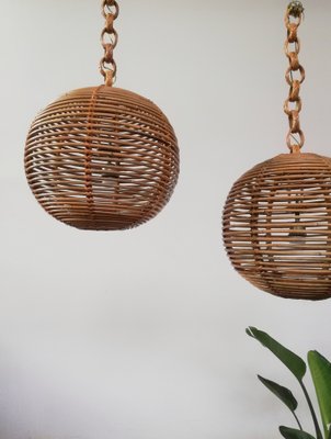 Cane & Rattan Globe Pendant Lights, 1970s, Set of 2-UIW-1317644