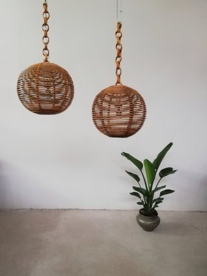 Cane & Rattan Globe Pendant Lights, 1970s, Set of 2-UIW-1317644