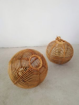 Cane & Rattan Globe Pendant Lights, 1970s, Set of 2-UIW-1317644