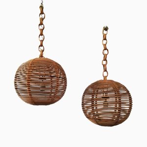 Cane & Rattan Globe Pendant Lights, 1970s, Set of 2-UIW-1317644