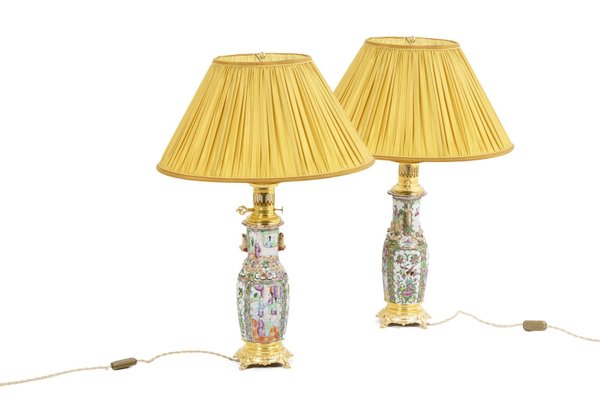 Canton Porcelain and Gilt Bronze Lamps, 1880s, Set of 2-CEJ-1386485