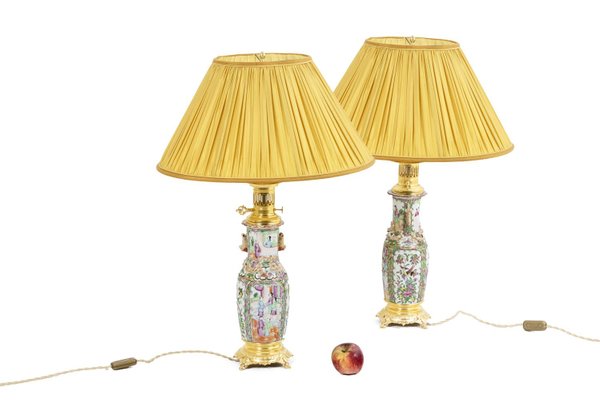 Canton Porcelain and Gilt Bronze Lamps, 1880s, Set of 2-CEJ-1386485