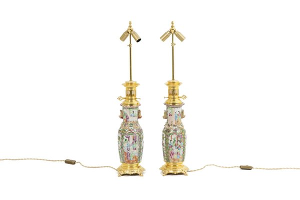 Canton Porcelain and Gilt Bronze Lamps, 1880s, Set of 2-CEJ-1386485